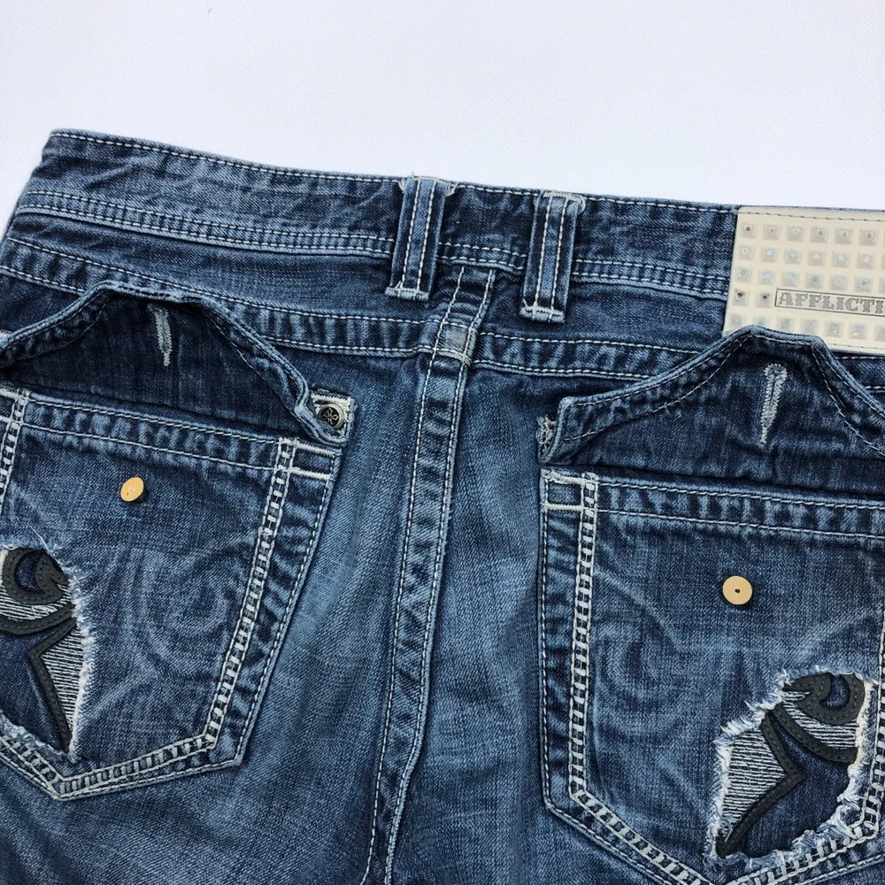 Affliction Premium Blake Jeans Mens 33 Medium Wash Straight Leg Embroidered **